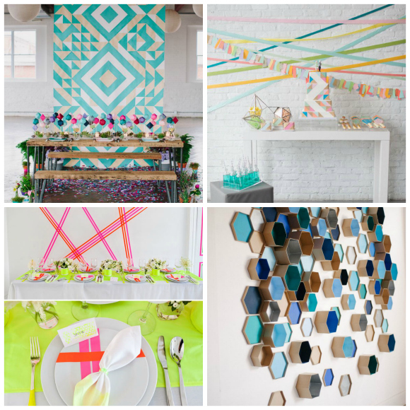 DIY geometric backdrops with washi tape for a wedding