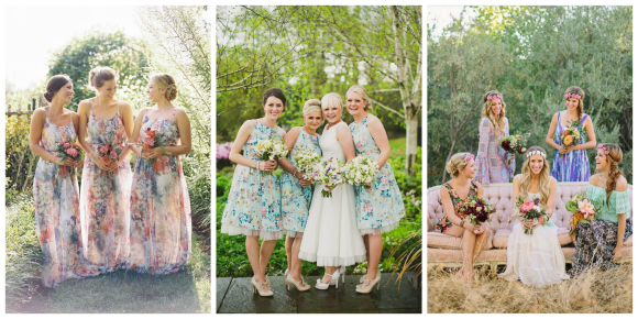 Patterned bridesmaids dresses